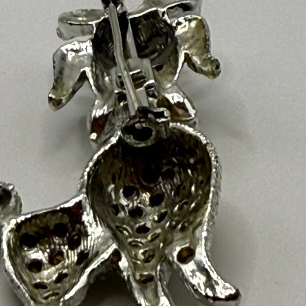 Vintage Silver Tone Rhinestone Poodle Dog Brooch Pin Blue Nose Champagne Stones